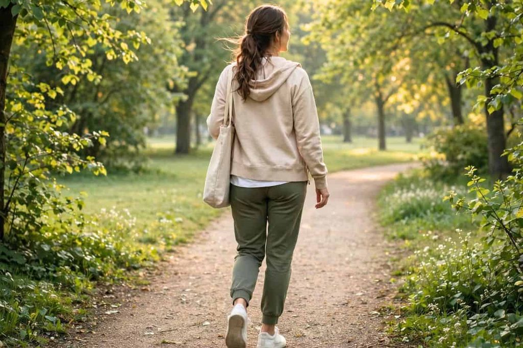Woman walking along a tree-lined park path in soft morning sunlight.